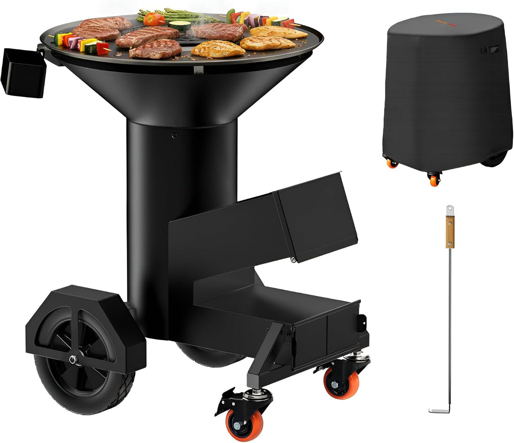 ONLYFIRE GRILLS Heavy Duty Rocket Stove with Griddle, Grate, Wheels, Ash Tool & Cover, Large Wood Stove BBQ Grill for Patio Outdoor Cooking Backyard Camping Beach Tailgating, 28x23x31in, GS346