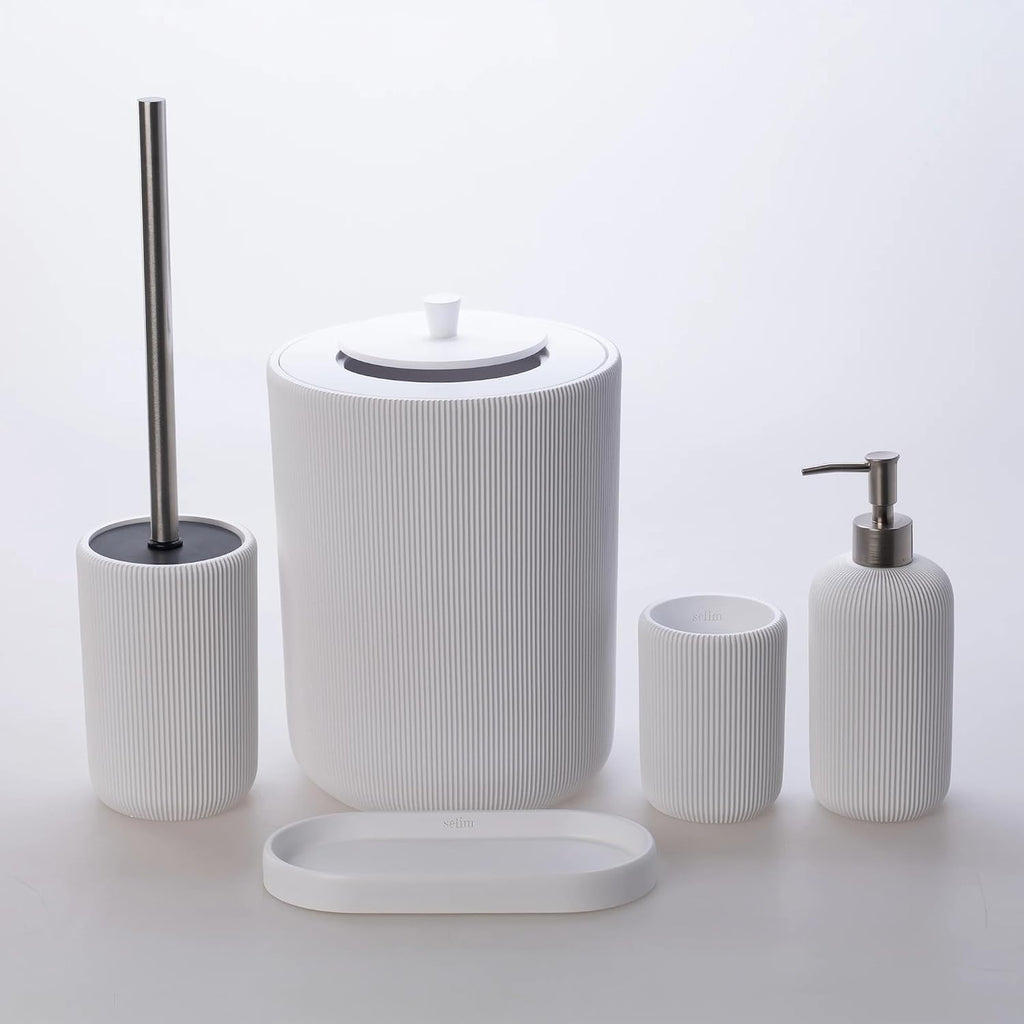 Lydia Collection 5-Piece Resin Bathroom Accessories Set – Toilet Brush Holder, Waste Bin, Soap Dispenser, Tray & Toothbrush Holder (White)
