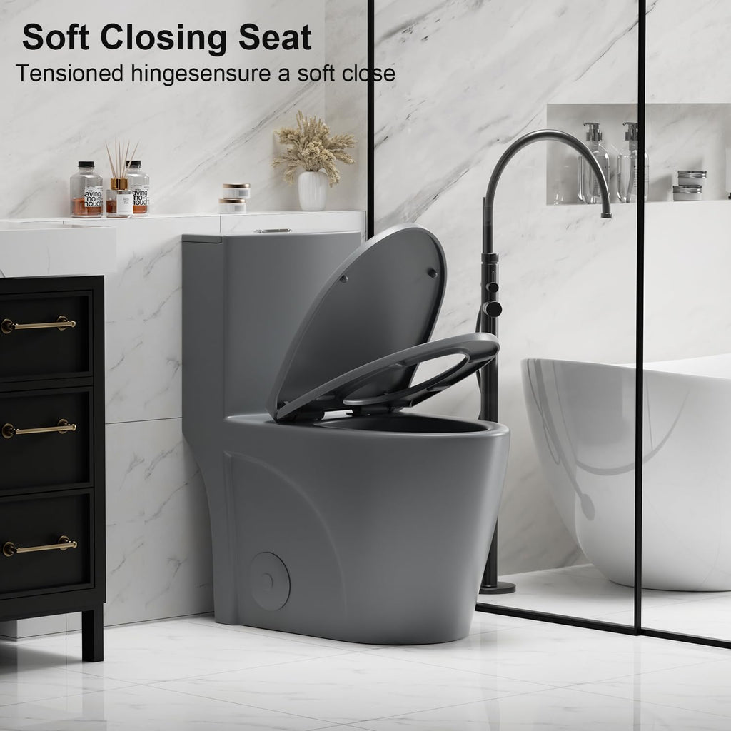 Elongated One Piece Toilet with Comfort Chair Seat ADA Height 17.3' Modern Toilet for Bathroom, Dual Flush 0.8/1.6 GPF and MAP 1000g, 12' Rough-In, Soft Closing Seat, Light gray