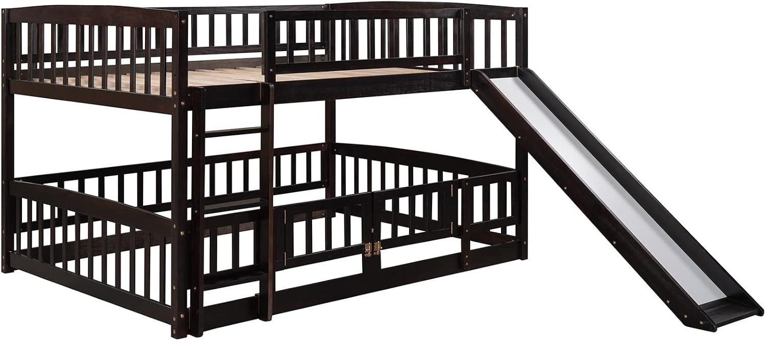 Bellemave Full Over Full Low Bunk Bed with Slide and Fence Railings Wood Floor Bunk Beds with Ladder for Kids Boys Girls Teens, Espresso