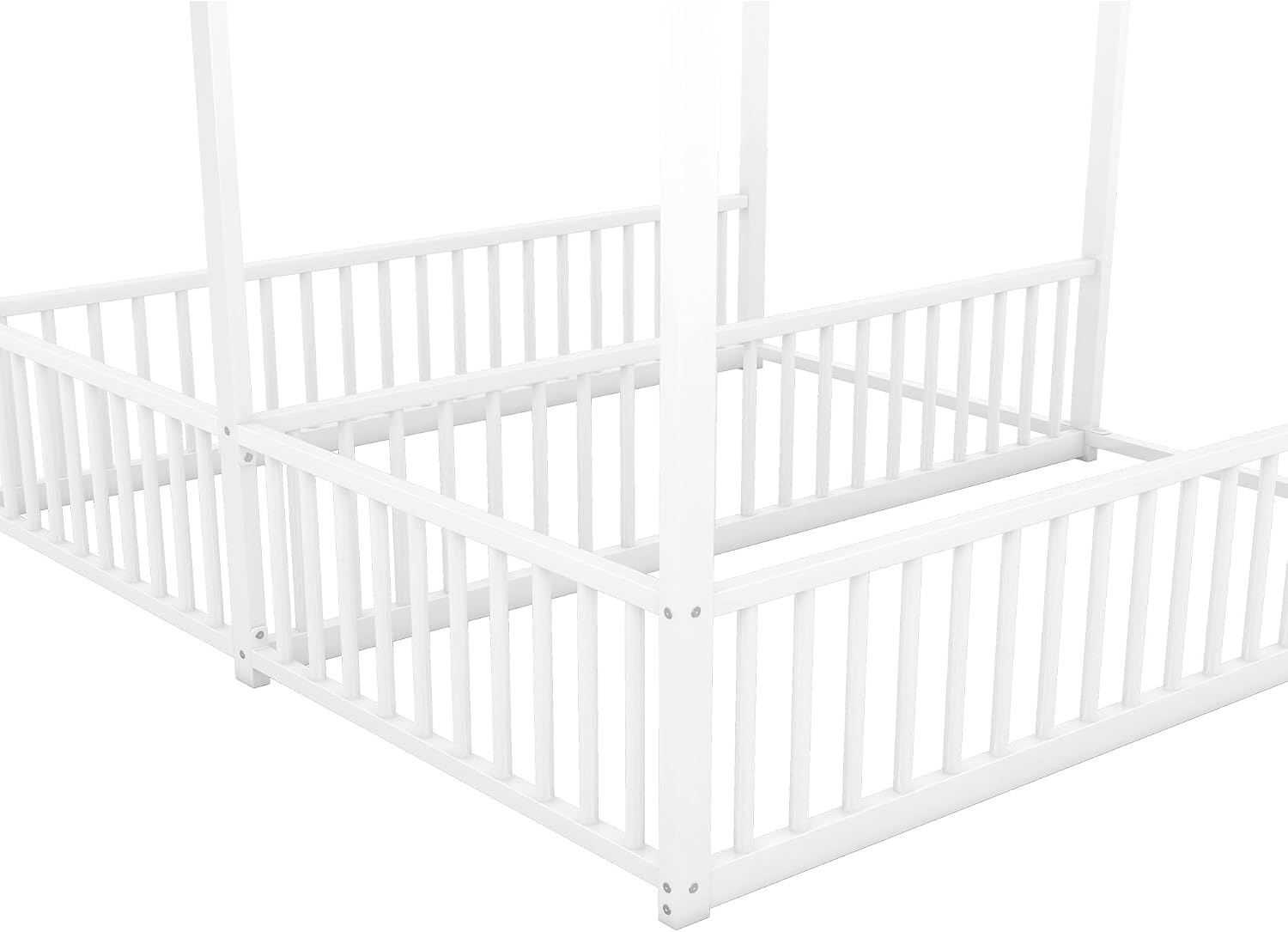 PVWIIK Full Double Montessori Floor Bed with Fence & Roof for Two Kids Teens Boys Girls,Full Floor Bed,Easy Assemble,No Box Spring Needed, White