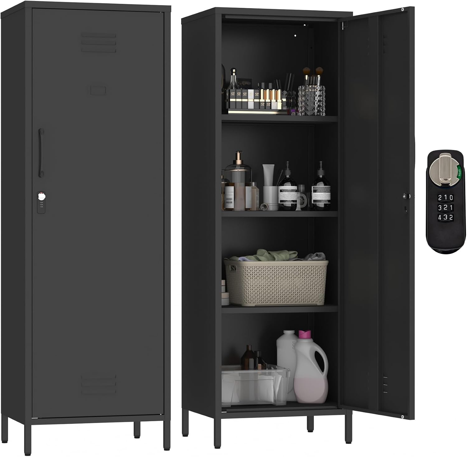 MIOCASA Metal Storage Locker with Digital Lock Steel File Cabinet with 3 Shelves 59.06-inch high for School, Bedroom, Home Office, Gym and Changing Room (Black)