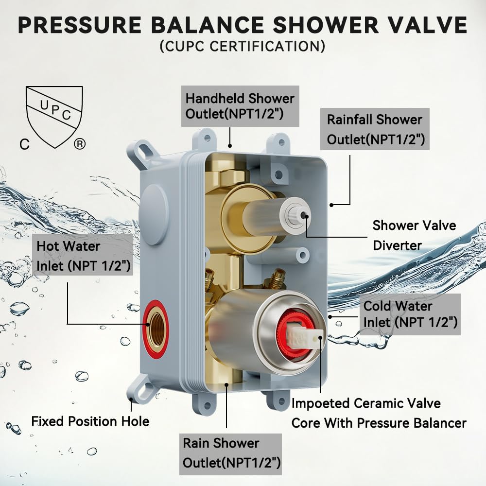 Shower Systems STARBATH 12+6' Round Dual Rainfall Shower Head with Handheld Spray for Two People, Wall Mounted 3 Way Rain Shower Faucet Sets Complete, Included Valve and Trim Kit, Brushed Nickel