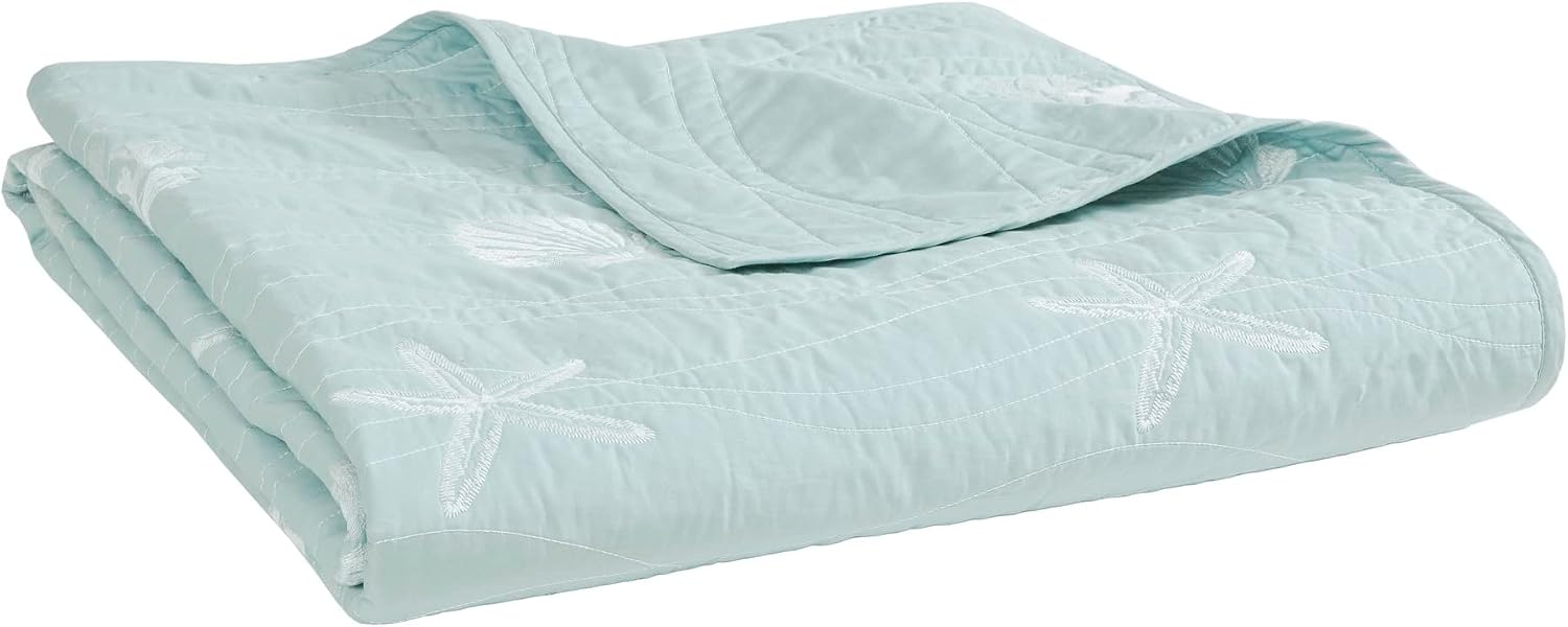 Harbor House Seaside Reversible Cotton Quilt Set Coastal Clam, Starfish, Coral Embroidery, All Season, Pre-Washed Coverlet Bedding Layer, Decorative Pillow, King/Cal King(108'x90') Seafoam 4 Piece