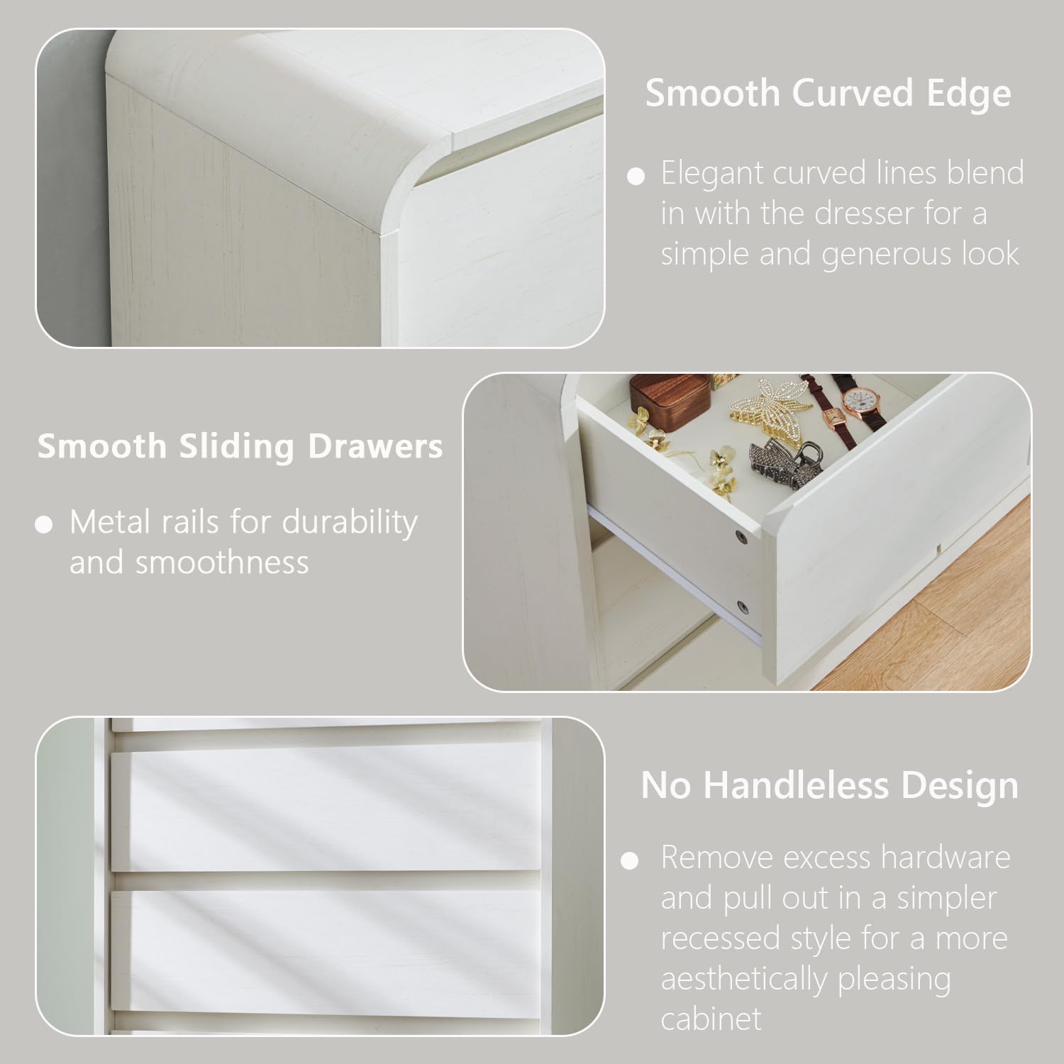 Aitjunz Modern 5 Drawers Dresser for Bedroom, 45' Tall Dressers & Chests of Drawers w/Curved Profile Design, Wood Mid Century Vertical Dresser w/Natural Texture for Bedroom, Living Room, Antique White