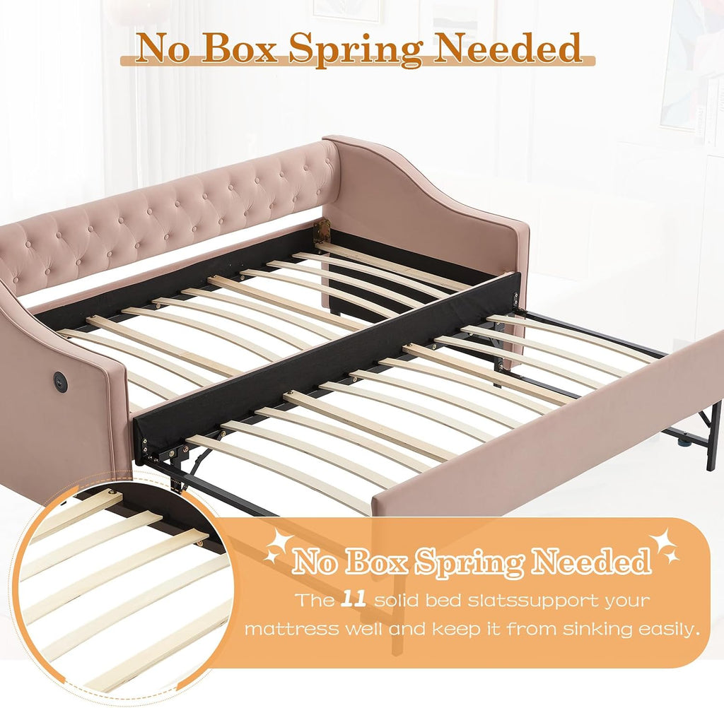 Twin to King Daybed with Trundle, USB Ports Soft Upholstered Daybed with Pop Up Trundle Bed Twin, Modern Extendable Day Bed Frame for Girls Bedroom Living Room Guest Room Small Places Blush Pink
