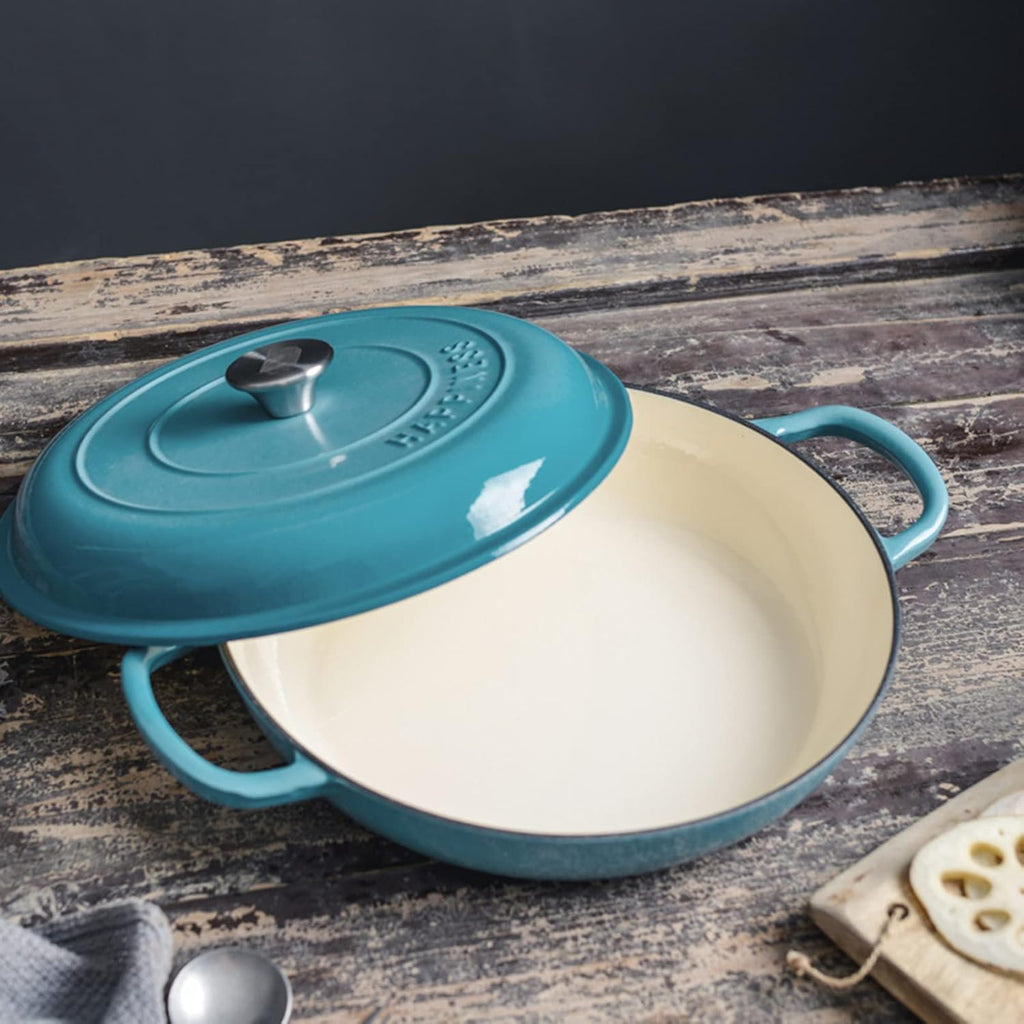 Shallow Casserole Braiser, Enameled Cast Iron Casserole Dish With Lid And Handle, Non Stick Cooking Pan Pot Dutch Oven, Blue