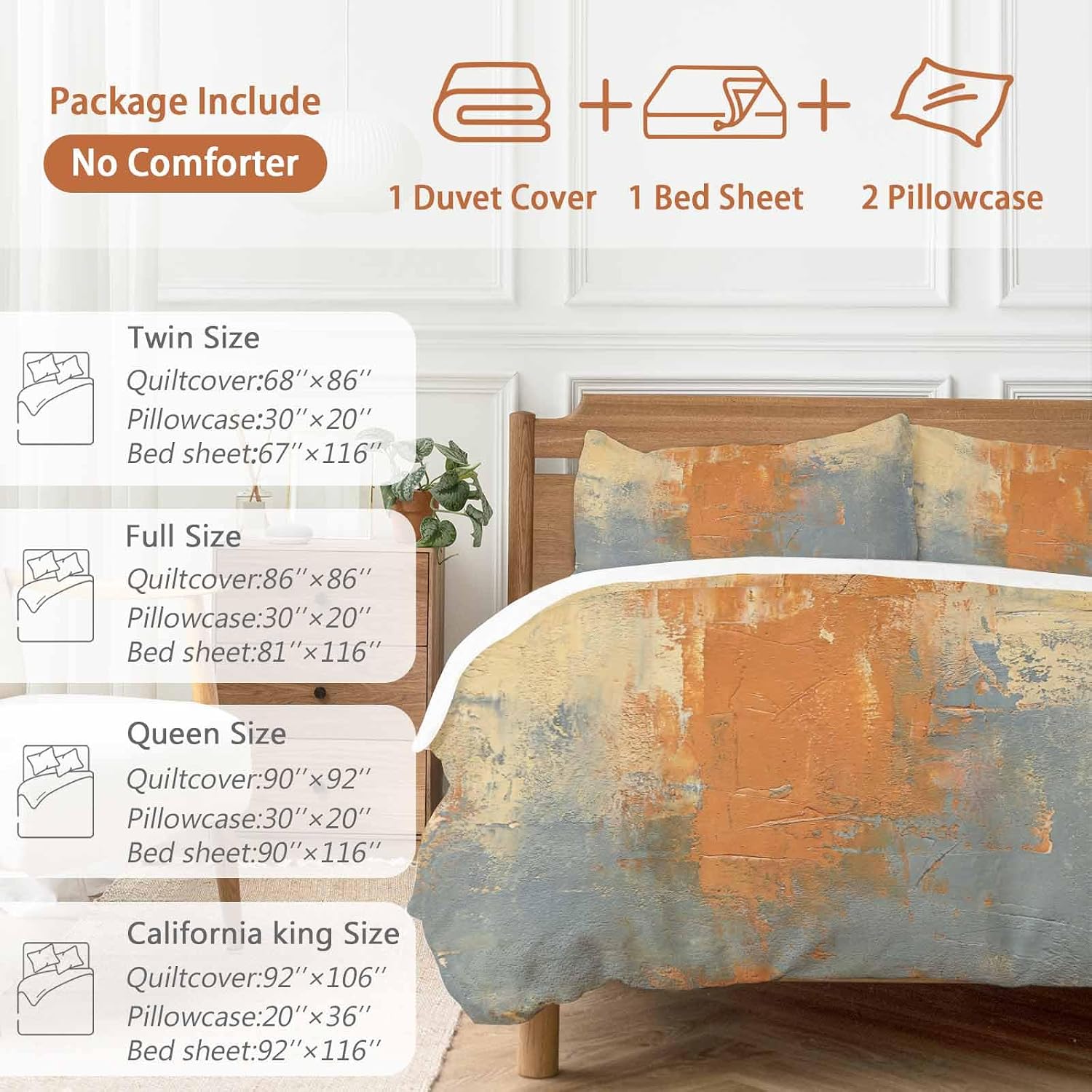 Abstract Art Duvet Cover Set Queen Size 4 Pieces Orange Grey Wall Mottled Texture Minimalist Modern Bedding Set with Zipper Closure, 1 Comforter Cover 90x92 Inches 1 Flat Sheet & 2 Pillow Cases