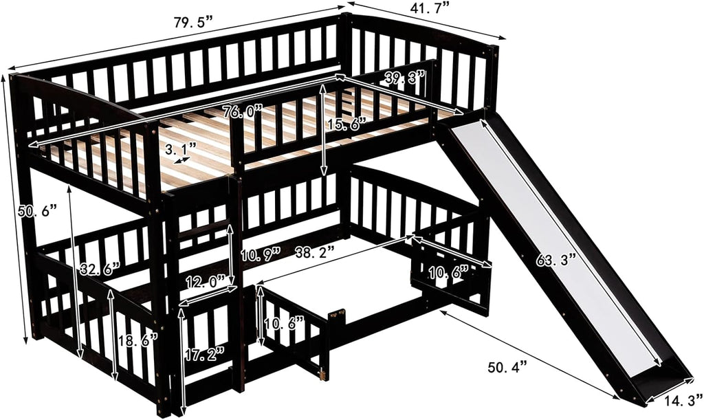 Bellemave Twin Over Twin Low Bunk Bed with Slide and Fence Railings Wood Floor Bunk Beds with Ladder for Kids Boys Girls Teens, Espresso