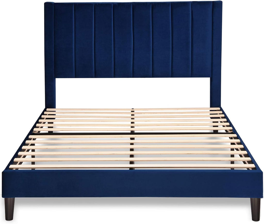 Allewie Full Platform Bed Frame/Velvet Upholstered Bed Frame with Vertical Channel Tufted Headboard/Strong Wooden Slats/Mattress Foundation/Box Spring Optional/Easy Assembly/Navy Blue