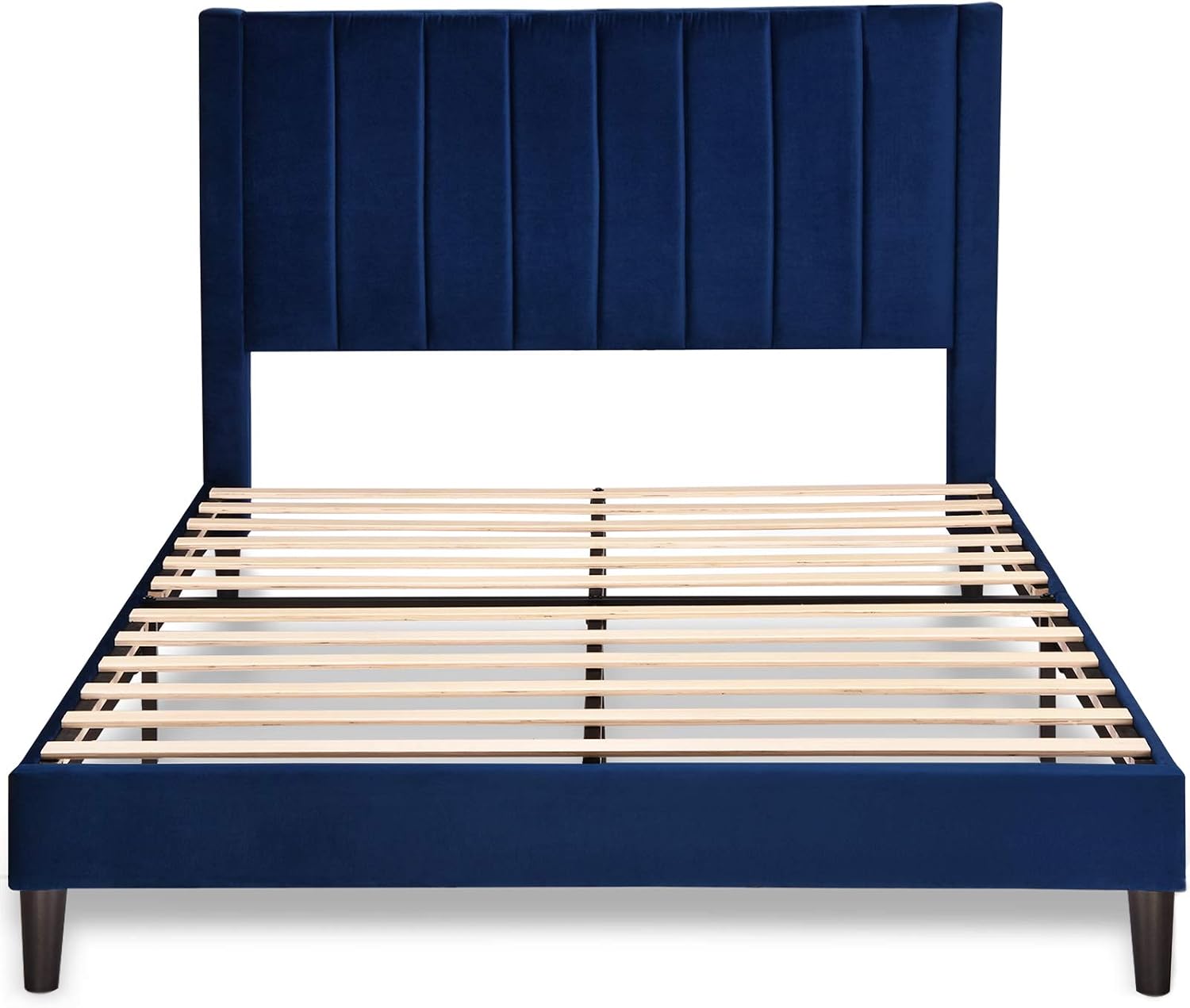 Allewie Full Platform Bed Frame/Velvet Upholstered Bed Frame with Vertical Channel Tufted Headboard/Strong Wooden Slats/Mattress Foundation/Box Spring Optional/Easy Assembly/Navy Blue
