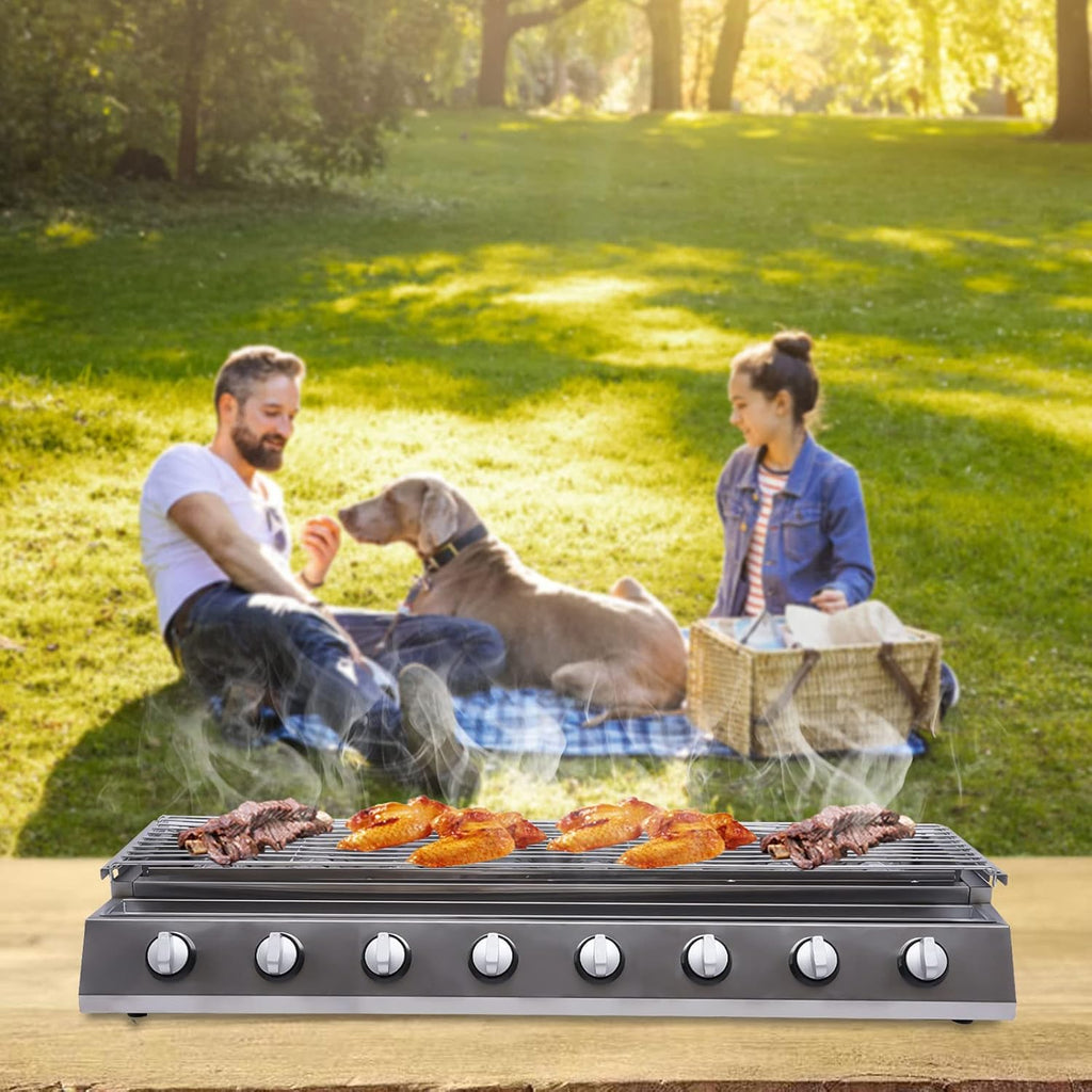 8 Burners Gas BBQ Grill,Stainless Steel Patio Garden Barbecue Grill with Adjustable Height, Flat Top Gas Grill,Countertop Flat Top Griddle for Outdoor Cooking Camping BBQ