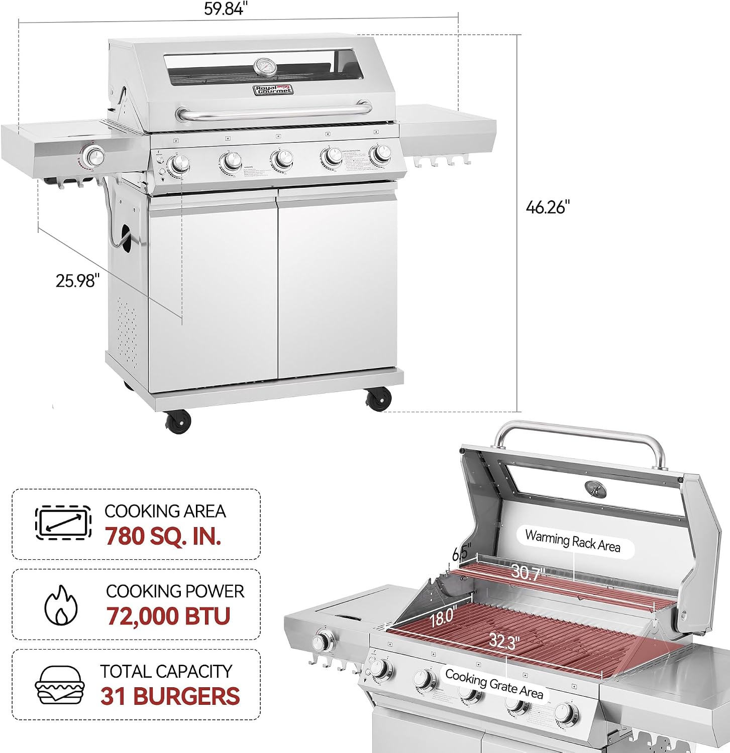 GEA5001S Deluxe Stainless Steel 5-Burner Gas Grill, Bilateral Stainless Steel Side Shelf, With Hook Cabinet Style Grill for Outdoor Grilling and Backyard Cooking, Silver