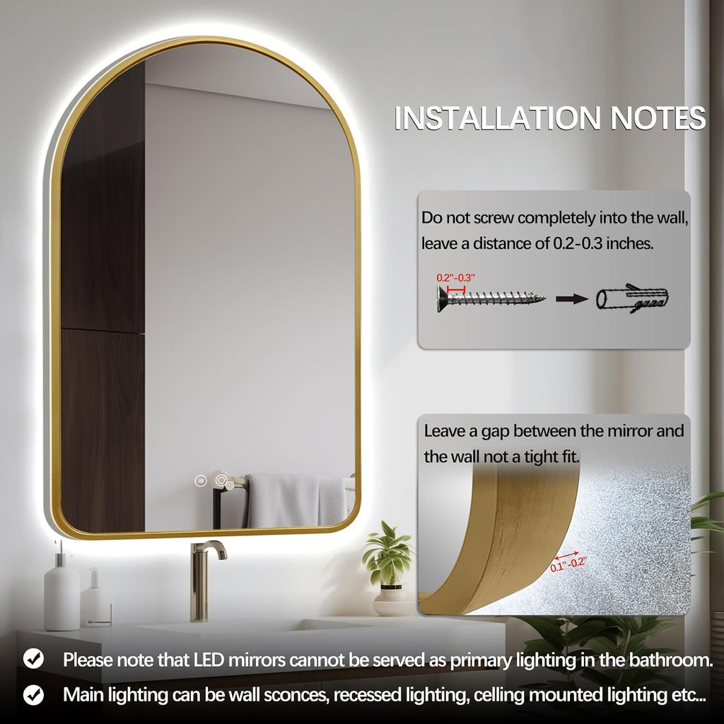 Arched LED Bathroom Mirror, 40'x24' Arch Backlit Mirror with Light Vanity Mirror for Wall Gold Frame, Anti-Fog, 3 Colors, Dimmable, Adjustable Brightness, Memory Function, IP65 Waterproof, Vertical