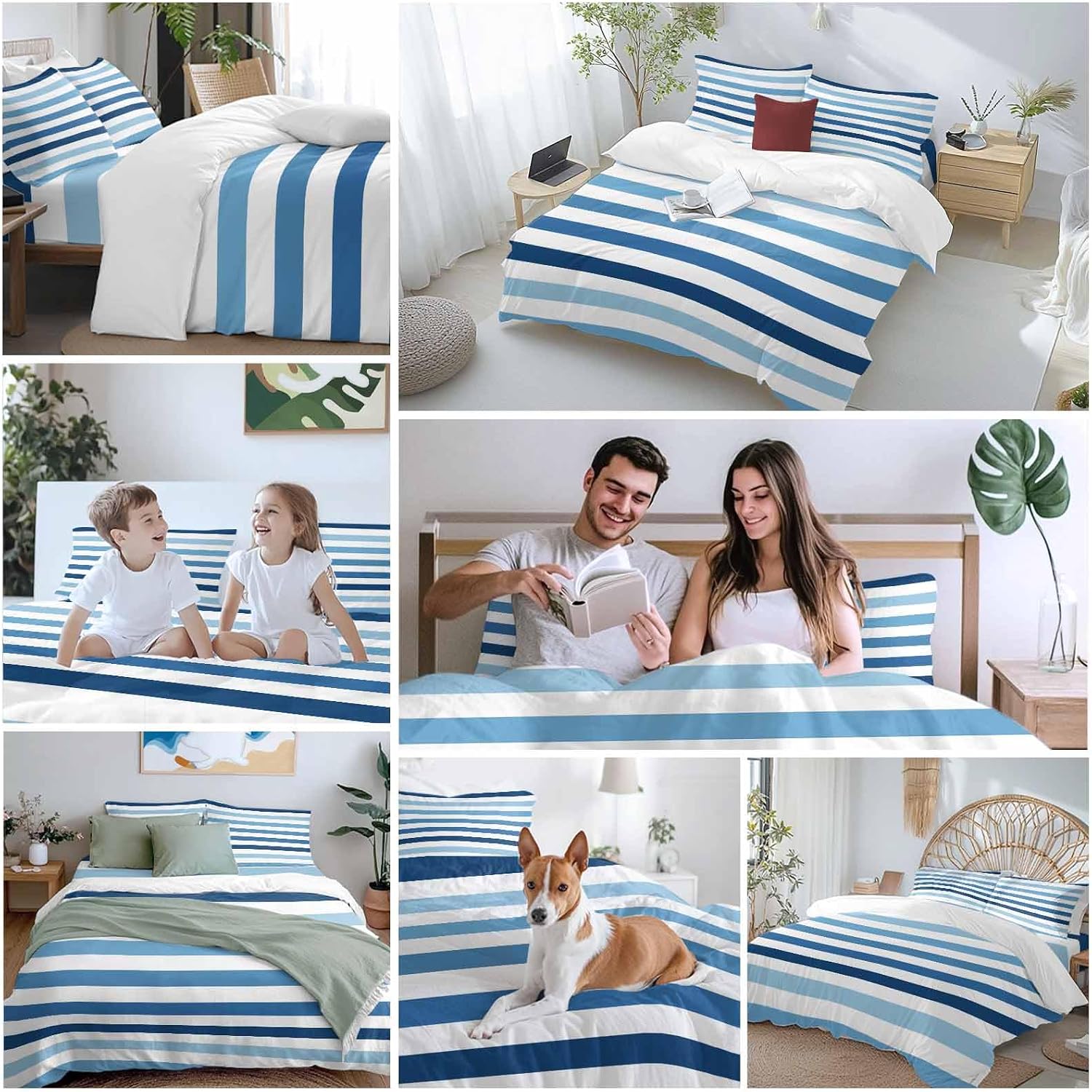 Prime Leader Gradient Blue White Striped Duvet Cover Set Queen Size 4 Pieces Modern Minimalist Lines Bedding Set with Zipper Closure, 1 Comforter Cover 92x106 Inches 1 Flat Sheet & 2 Pillow Cases