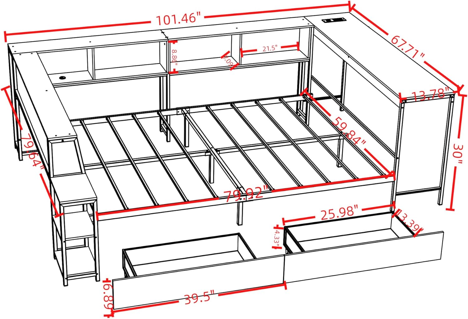 Bellemave Queen Corner Bed Frame with Desk and Storage, Queen Size Captains Bed with Charging Station and LED Light, Wood Daybeds with L-Shaped Bookcase and 2 Drawers, Black