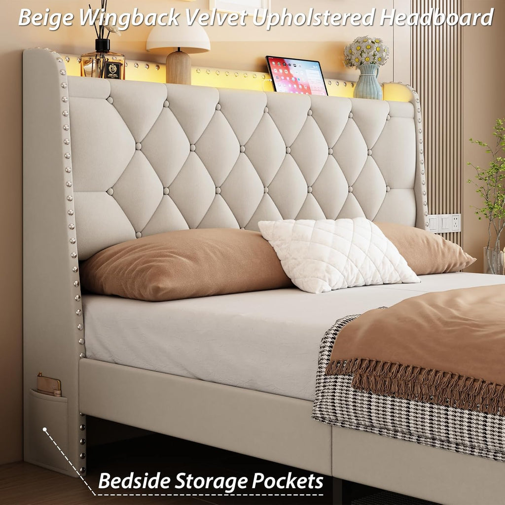 Queen Bed Frame with Storage Drawers, LED Bed Frame with Charging Station, Velvet Button Tufted Upholstered Headboard, Wood Slats Support Noise-Free, No Box Spring Needed, Beige