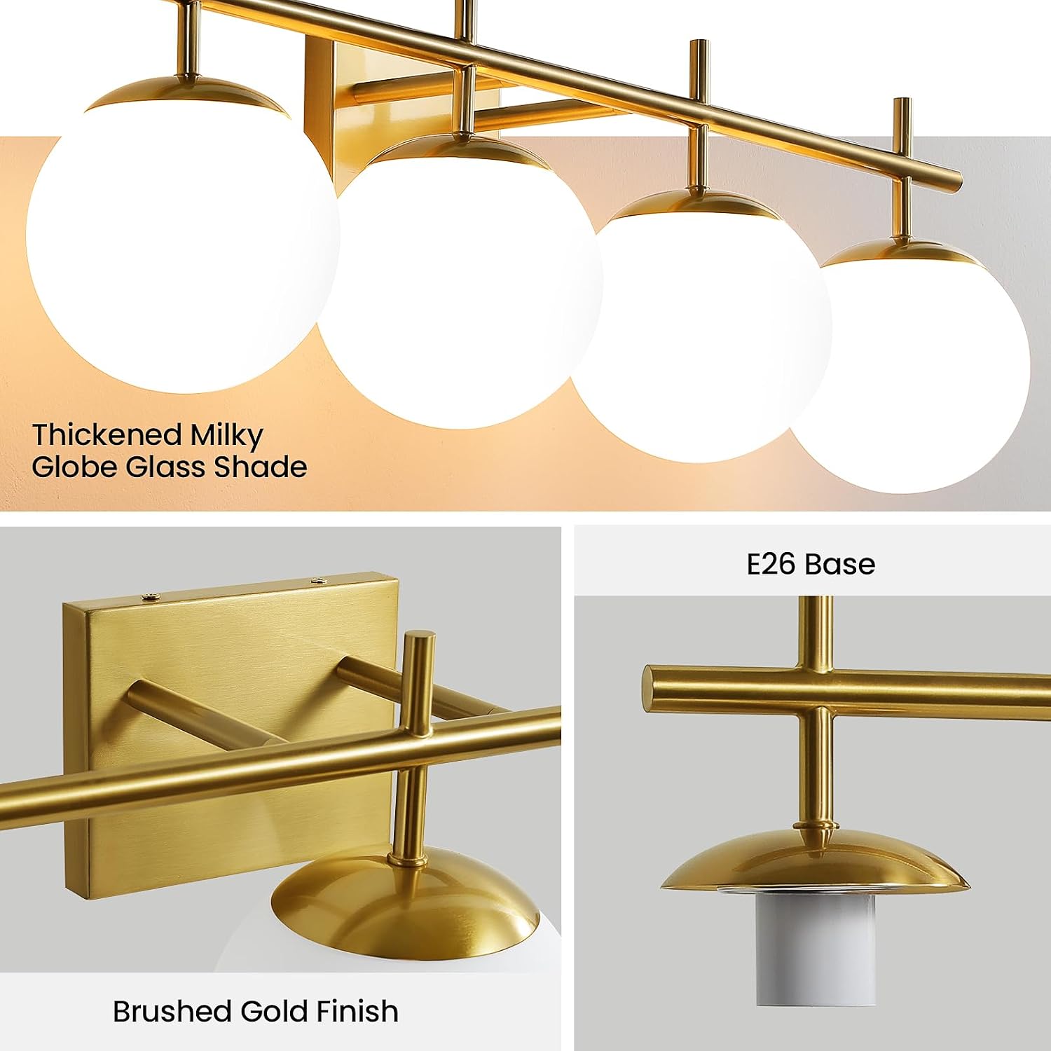 AIJIASI Bathroom Light Fixtures, 4-Light Brushed Gold Bathroom Vanity Lights Over Mirror, 30.7 Inch Modern Vanity Lighting with Milky White Glass Globe Shade Wall Sconce Lighting Bath