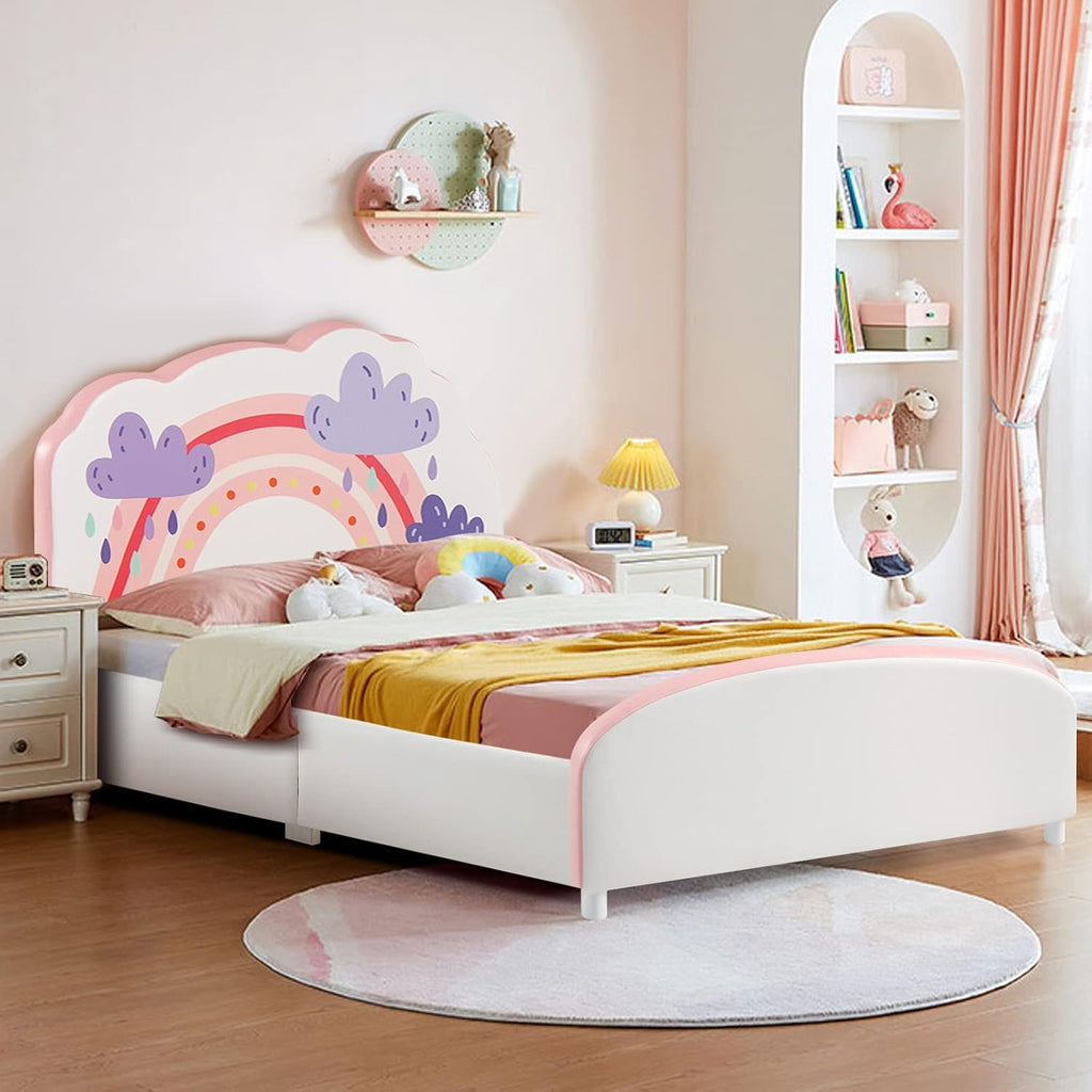 Costzon Twin Bed Frames for Kids, Wood Upholstered Twin Bed Platform with Slat Support, Padded Headboard&Footboard, No Box Spring Needed, Easy Assembly, Fits Standard Twin Mattress (Cloud)