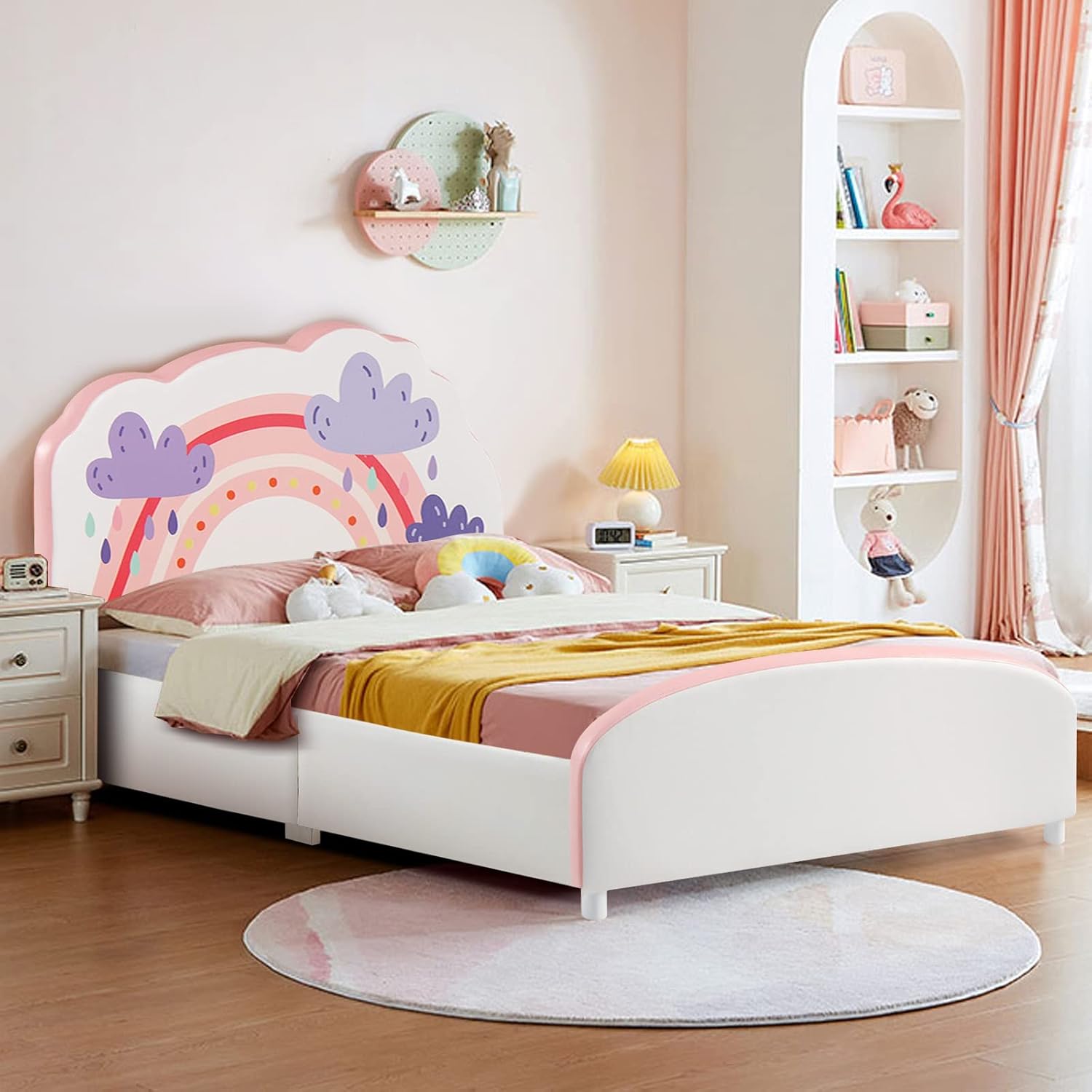 Costzon Twin Bed Frames for Kids, Wood Upholstered Twin Bed Platform with Slat Support, Padded Headboard&Footboard, No Box Spring Needed, Easy Assembly, Fits Standard Twin Mattress (Cloud)