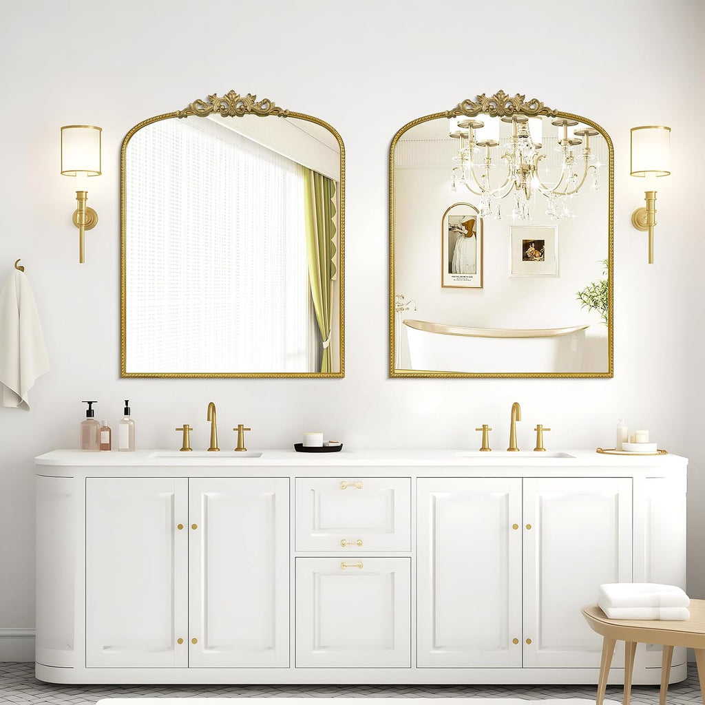 WallBeyond Gold Vintage Mirror for Vanity 28x36 Inch, Gold Antique Mirror with Ornate Frame, Arched Vintage Wall for Bathroom, Living Room, Fireplace, Entryway