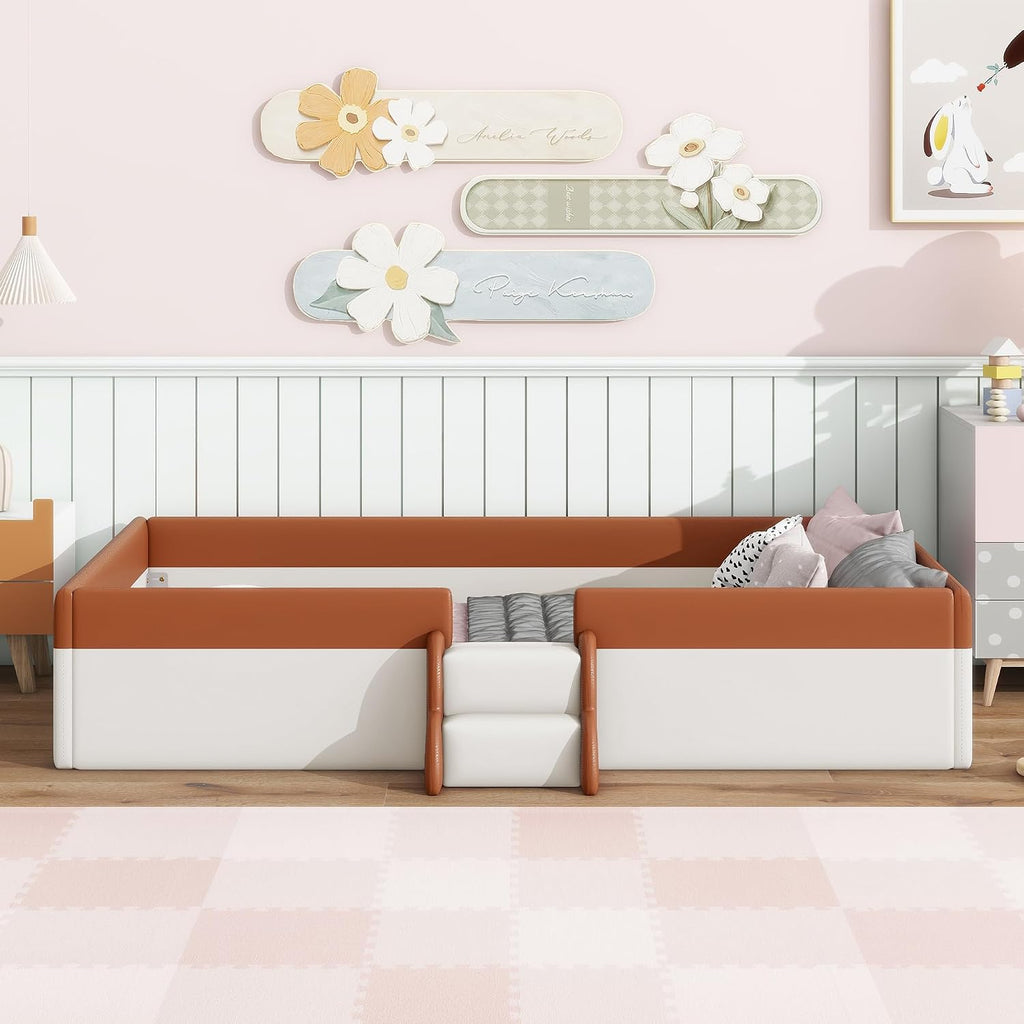 VilroCaz Twin Size Upholstered Daybed Frame with Fence and Stairs, Montessori Kids Floor Bed with Sturdy Slat Support for Kids Boys Girls (Brown+Twin)