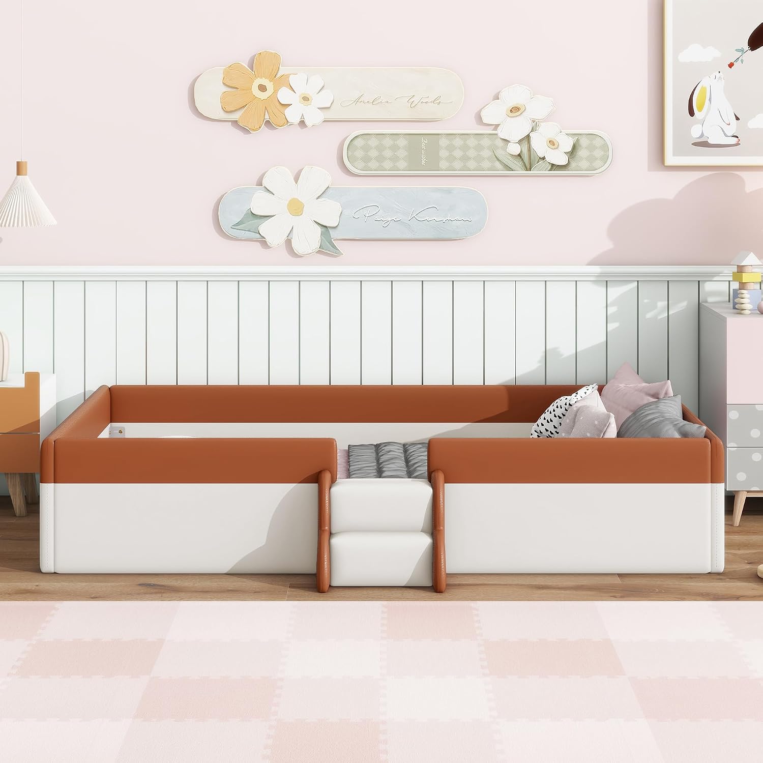VilroCaz Twin Size Upholstered Daybed Frame with Fence and Stairs, Montessori Kids Floor Bed with Sturdy Slat Support for Kids Boys Girls (Brown+Twin)