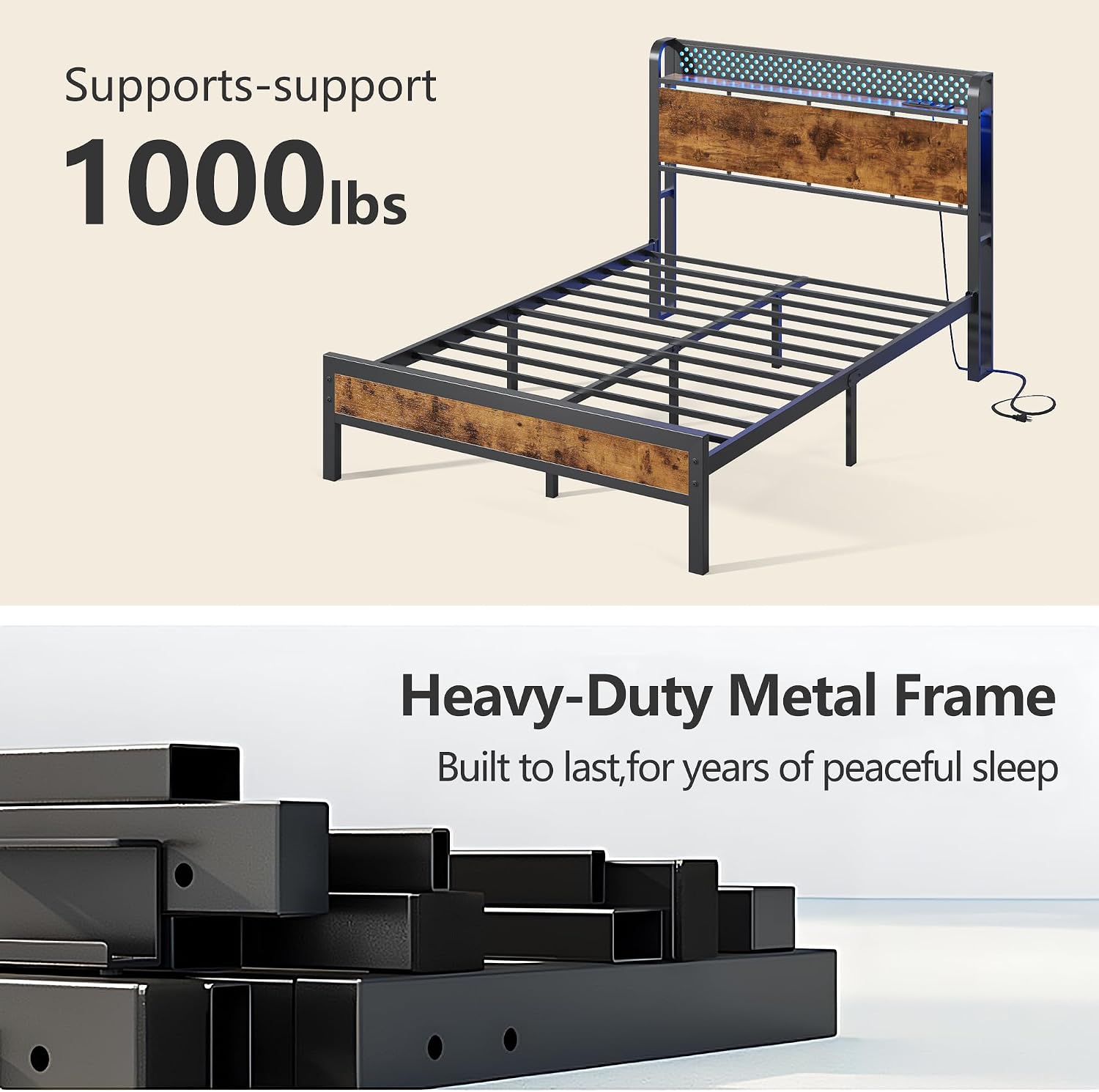 Furnulem Full Size Bed Frame with Storage Headboard, Industrial Platform Bed with Charging Station and LED Lights, Heavy Duty Metal Slats, No Box Spring Need, Noise Free