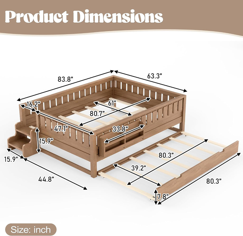 Bellemave Queen Bed with Trundle and Stairs, Queen Size Platform Bed Frame with Fence and Bookshelf, Easy Assemble Beds for Kids, Girls, Boys, Natural