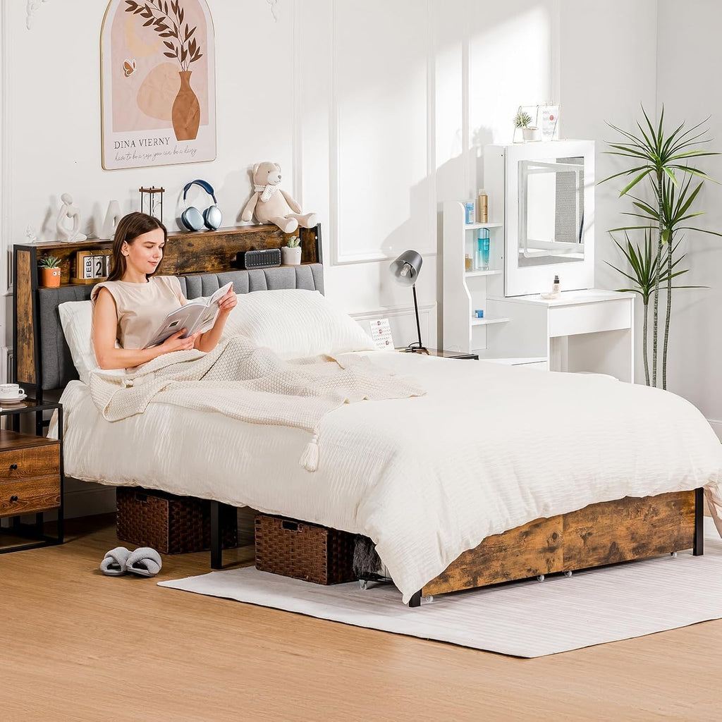 COMHOMA Queen Size Platform Bed Frame with LED Lights and Charging Station, Storage Headboard and Footboard Drawers, No Box Spring Needed, Rustic Wood Look