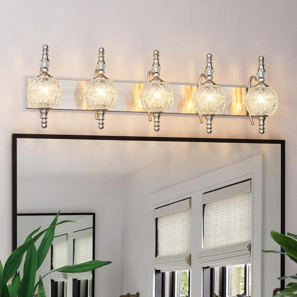 Modern Crystal Bathroom Vanity Lights Fixtures Over Mirror Brushed Nickel Vintage 5-Lights 36 Inch Bathroom Light Fixtures Glass Crystal Vanity Lights