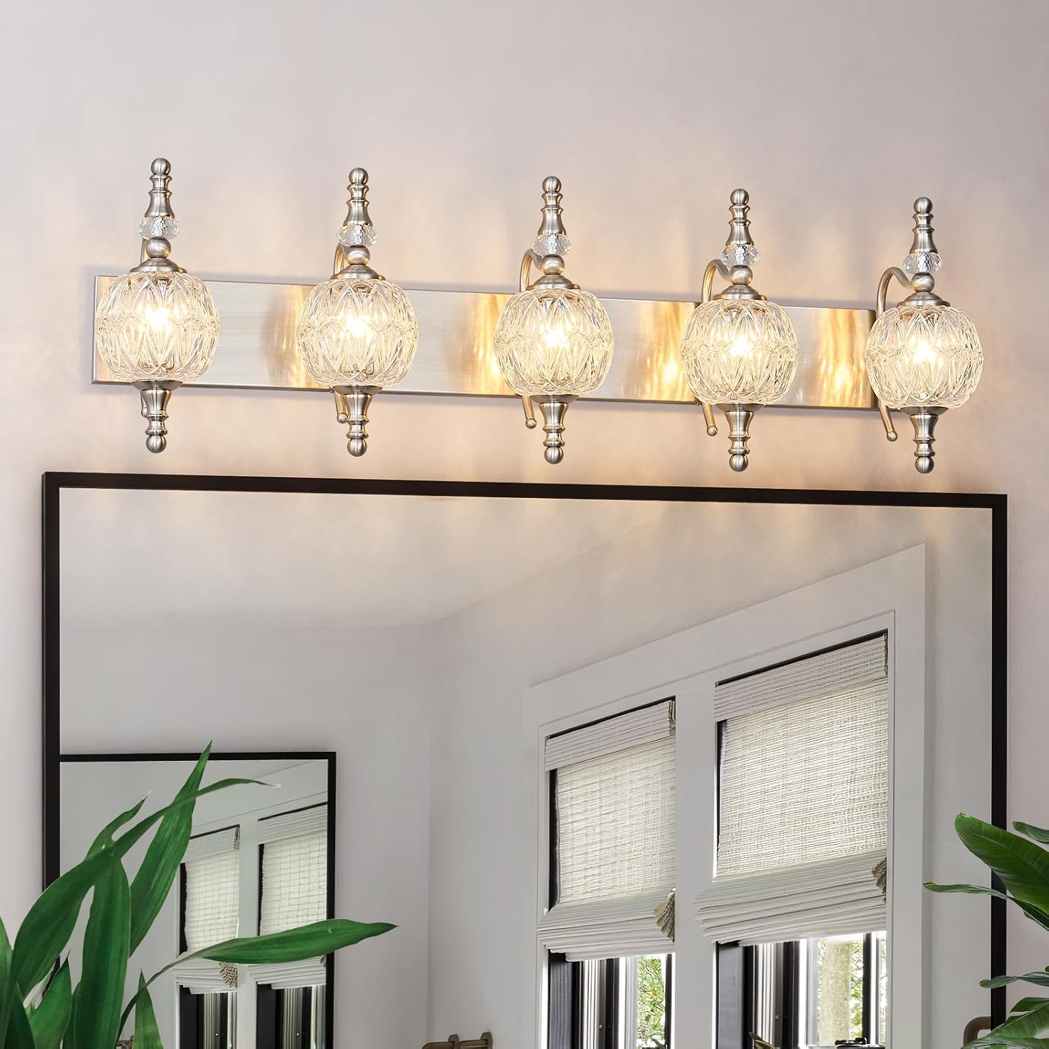 Modern Crystal Bathroom Vanity Lights Fixtures Over Mirror Brushed Nickel Vintage 5-Lights 36 Inch Bathroom Light Fixtures Glass Crystal Vanity Lights