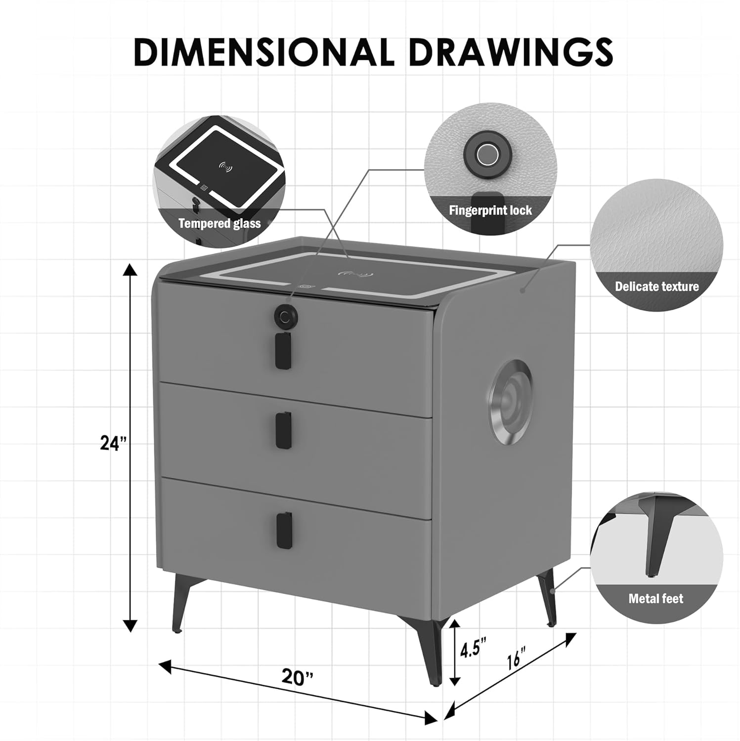LED Nightstand with Fingerprint Lock, Modern Night Stand with Quiet Gun Drawers and Type C USB Ports, Wireless Charging Station, Storage End Table, Large Bedside Table for Dorm Bedroom, Grey