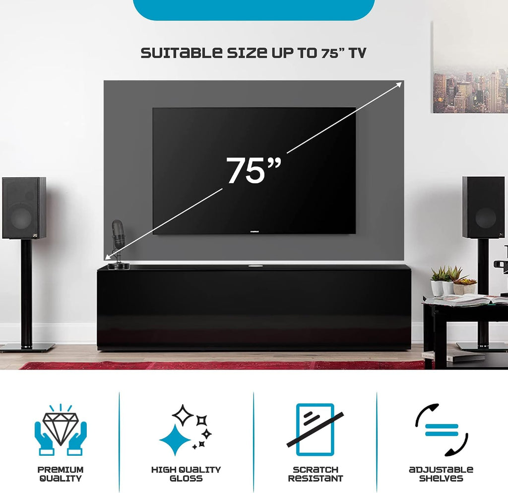 SONOROUS ST-160 Premium TV Stand with Black Wood & Black Wood Cover - Luxury Entertainment Center & Media Console for Living Room - High Gloss Modern TV Cabinet up to 75 Inches - Sleek Storage Design