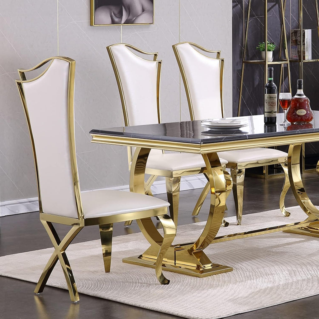 ACEDÉCOR 7 Piece Dining Table Set for 6, Gold Kitchen and Dining Room Table Set with U-Shaped Base Dining Table and 6 White Leather Upholstered Dining Chairs