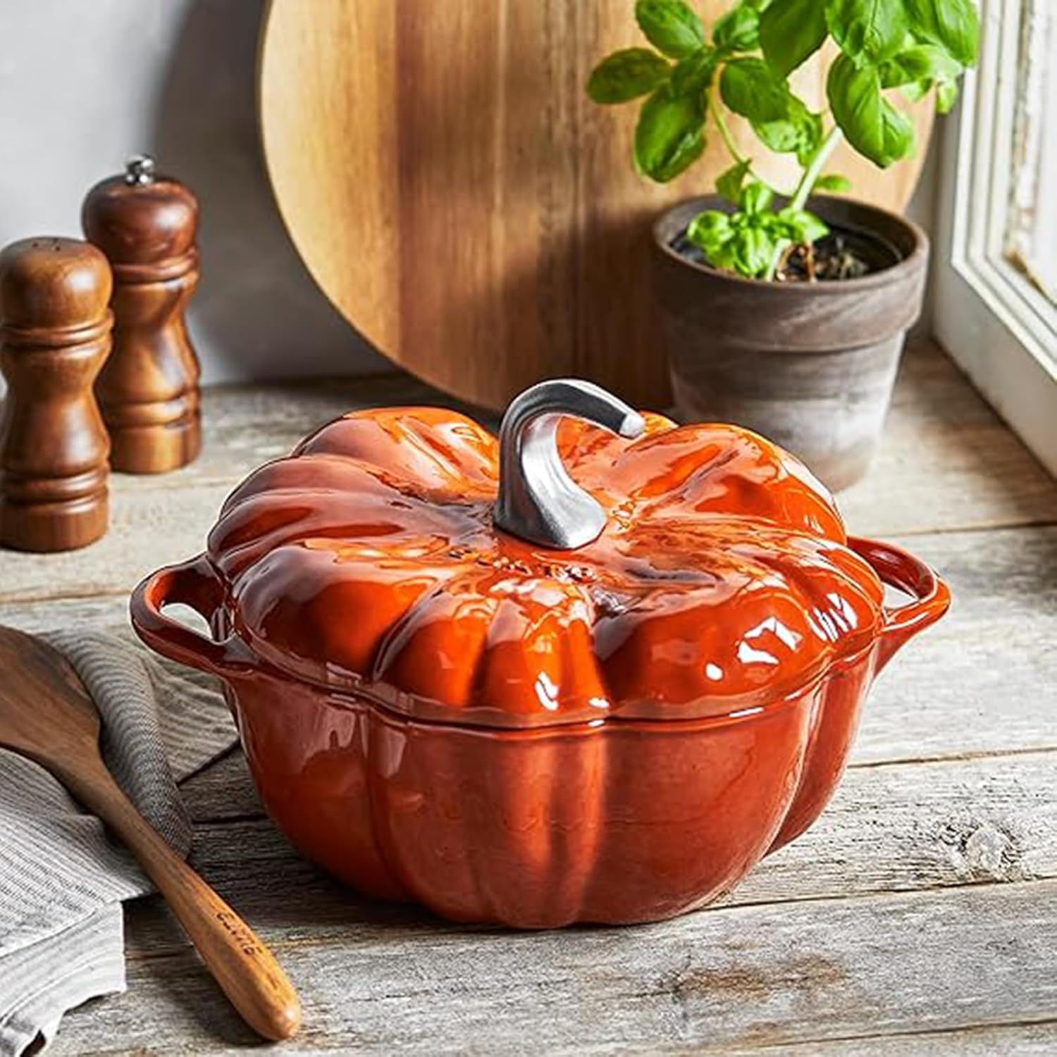 Orange,Mswborml Pumpkin Enameled Cast Iron Dutch Oven w/Lid, Shallow Casserole Braiser with Dual Handle, Heavy-Duty Enamelled Cooking Pot Non-Stick Ceramic Coating, Oven, Induction Compatible