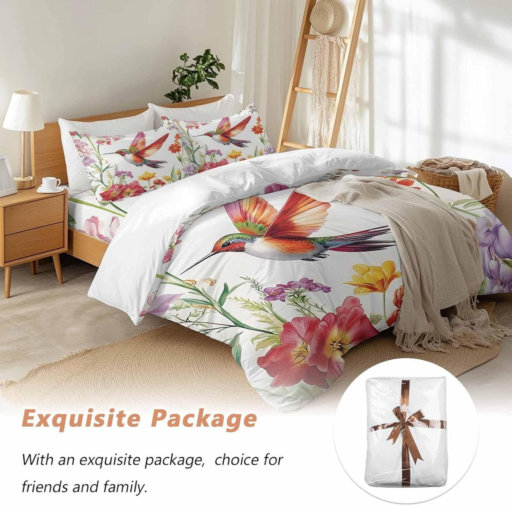 Retro Duvet Cover Set Queen Size 4 Pieces Hummingbird Colorful Floral Pastoral Spring Scenery Bedding Set with Zipper Closure, 1 Comforter Cover 90x92 Inches 1 Flat Sheet & 2 Pillow Cases