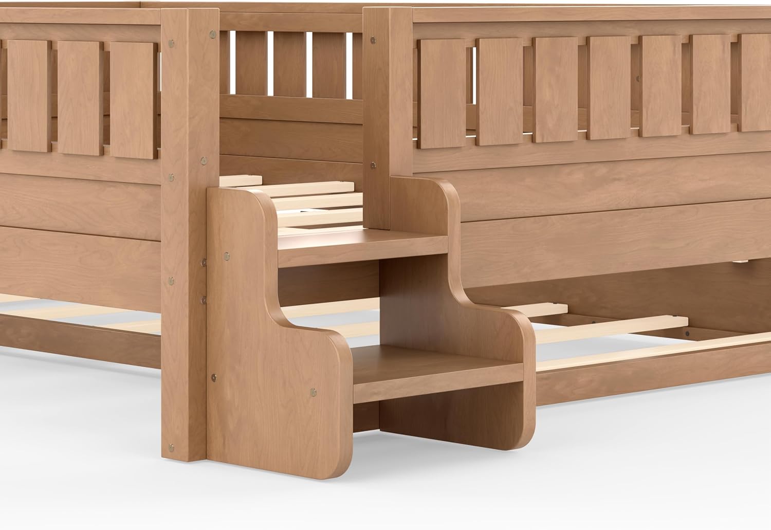Bellemave Queen Bed with Trundle and Stairs, Queen Size Platform Bed Frame with Fence and Bookshelf, Easy Assemble Beds for Kids, Girls, Boys, Natural