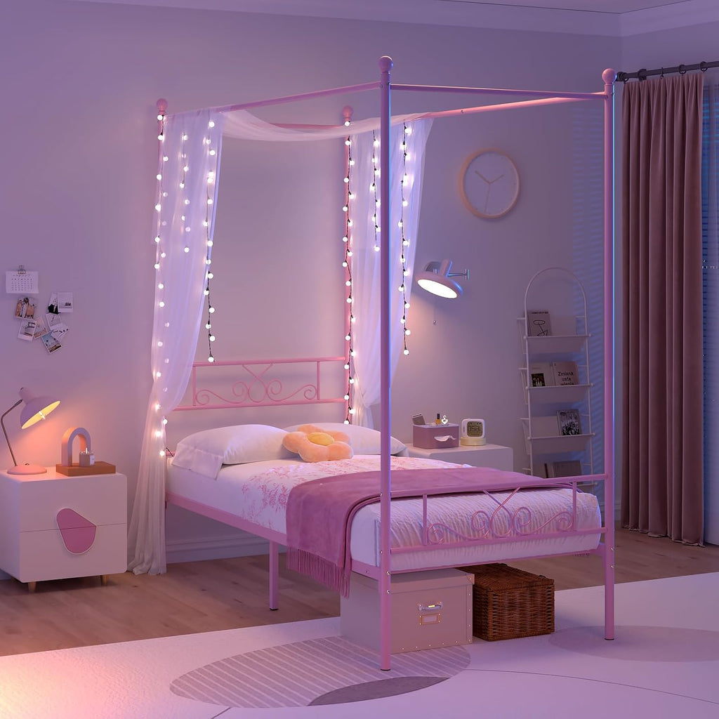 Weehom Twin Canopy Bed Frame with Headboard and Footboard, 4 Posters Metal Bed Frame, No Box Spring Needed, Mattress Foundation Platform Bed for Kids and Adults, Pink