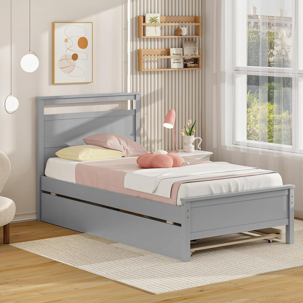 Giantex Wood Twin Bed with 2 Storage Drawers, Solid Wood Platform Bed with Headboard, Single Bed Wooden Slats Support, No Spring Needed, Twin Bed Frame for Kids, Teens, Adults (Grey)