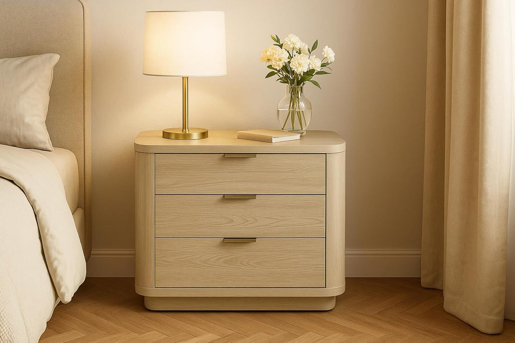Manhattan Comfort Evelyn Nightstand with 3 Drawers, Minimalist Wood Grain Bedside Table with Rounded Corners and Raised Base, Modern End Table for Bedroom, Entryway, or Living Room in Natural Oak