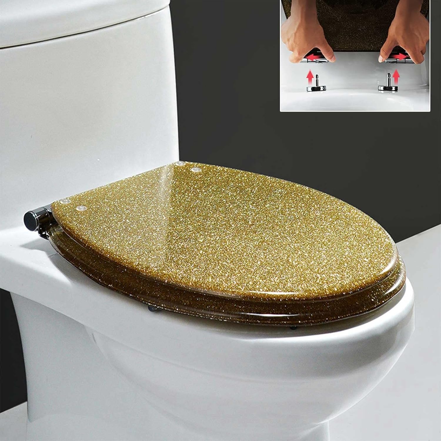 Sparkly Resin Toilet Seat, Resin Toilet Seat Round Toilet Seat, Thicken Toilet Seat, Slow Close, Toilet Lid Easy to Clean & Install (Gold)