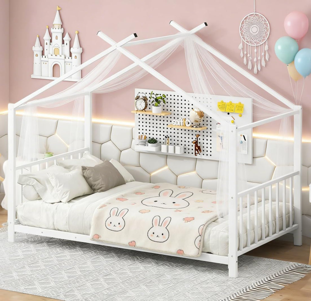 Bellemave Twin Size House Floor BedFrame for Kids, Metal Montessori Beds with slats, Twin House Beds for Kids Girls Boys, Wash White