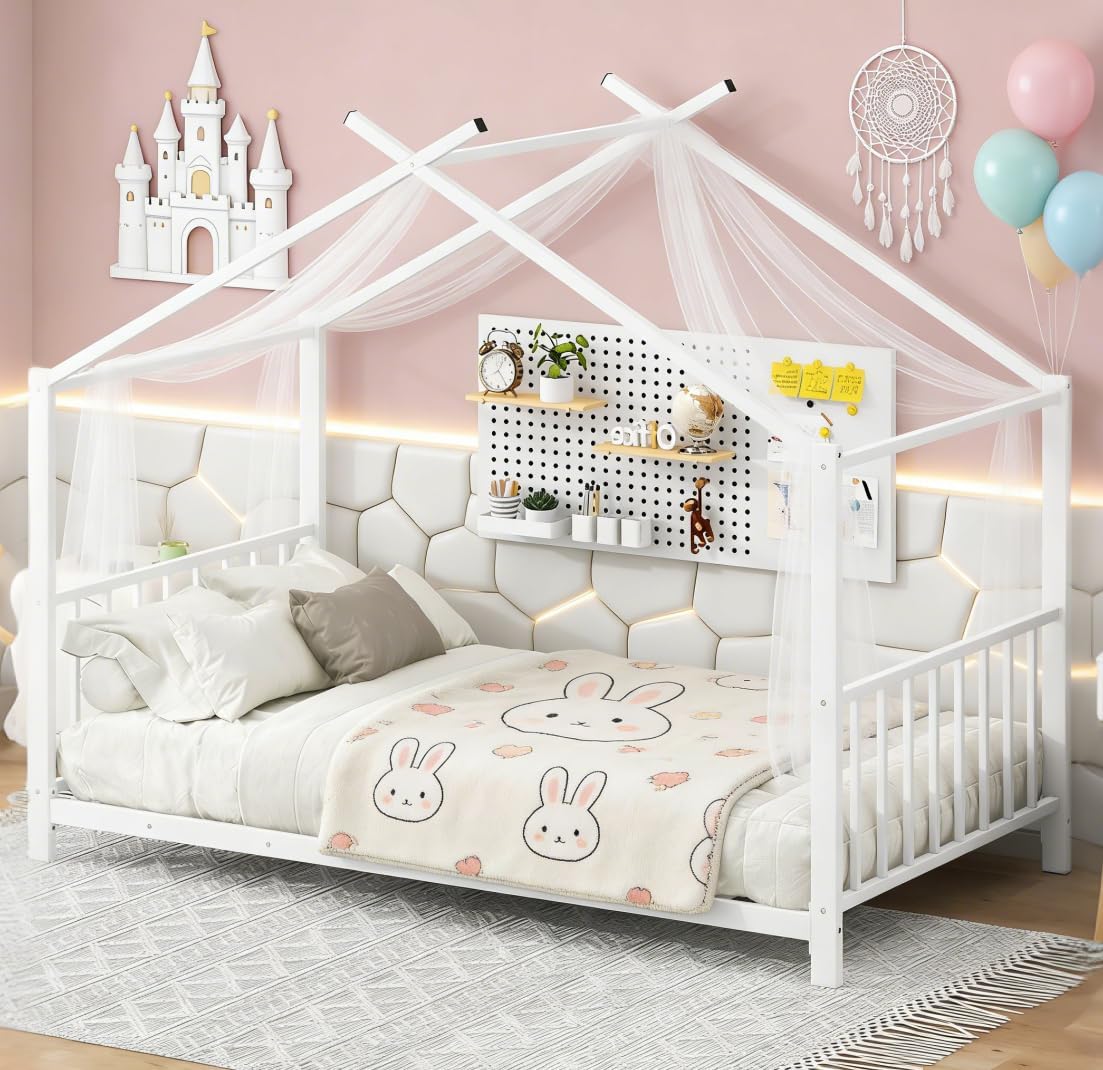 Bellemave Twin Size House Floor BedFrame for Kids, Metal Montessori Beds with slats, Twin House Beds for Kids Girls Boys, Wash White