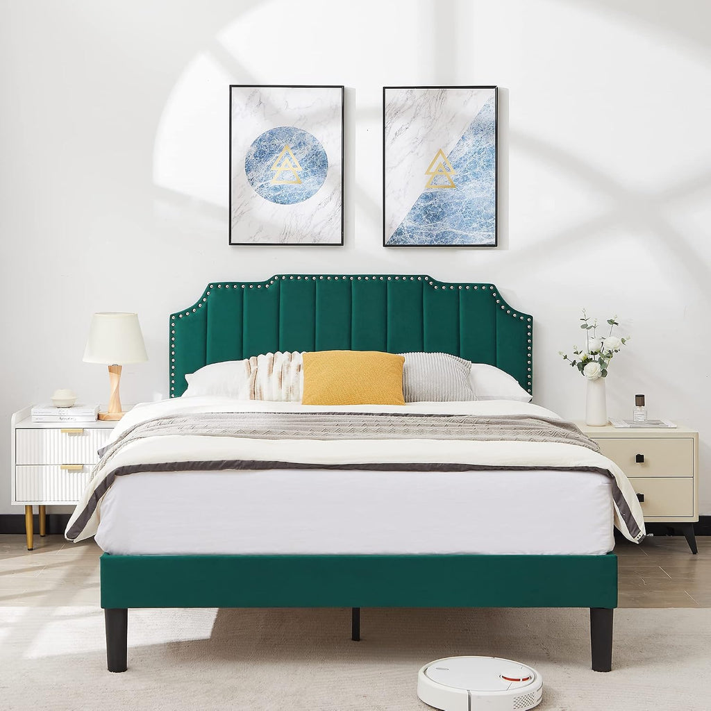 VECELO Upholstered Platform Full Bed Frame with Tufted Adjustable Headboard/Mattress Foundation/Wood Slat Support,Easy Assembly,Dark Green