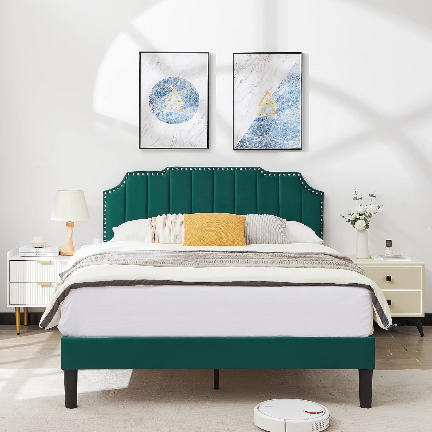 VECELO Upholstered Platform Full Bed Frame with Tufted Adjustable Headboard/Mattress Foundation/Wood Slat Support,Easy Assembly,Dark Green
