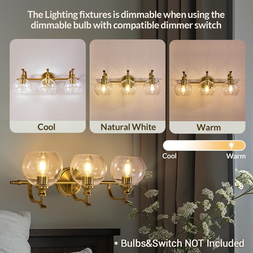 ANDY STAR Bruhsed Gold Bathroom Light Fixtures, Gold 3 Light Bathroom Vanity Lights, 3 Lights Wall Light with Globe Clear Lampshade, Vintage Brass Sconce with Metal Lamp Body for Bedroom, Living Room