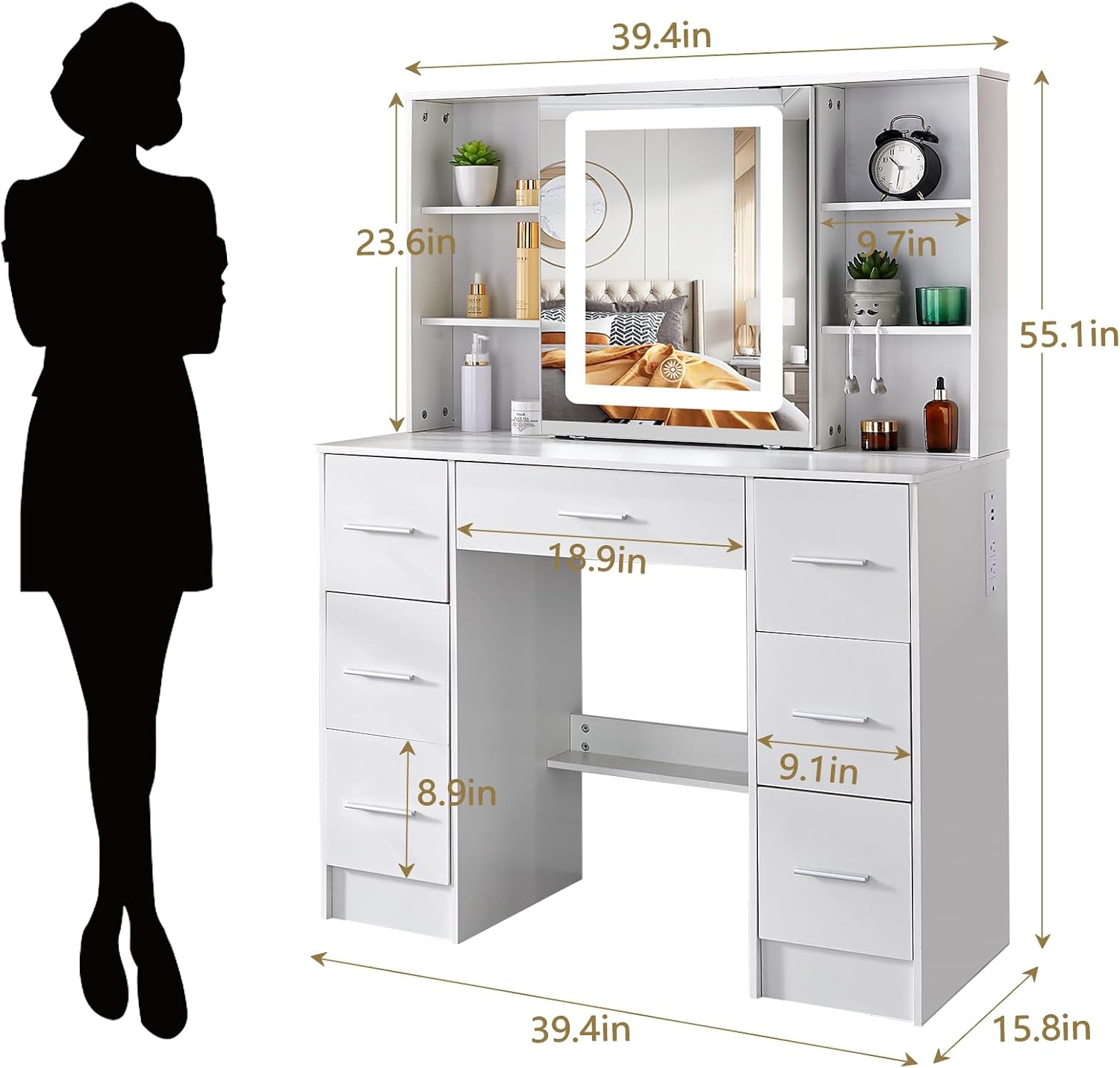 Makeup Vanity Desk with Mirror and Lights, Makeup Vanity Table, White Makeup Desk with 7 Drawers & Storage Shelves, 3 Color Modes Adjustable, Vanity Set with Mirror, Dressing Table for Bedroom