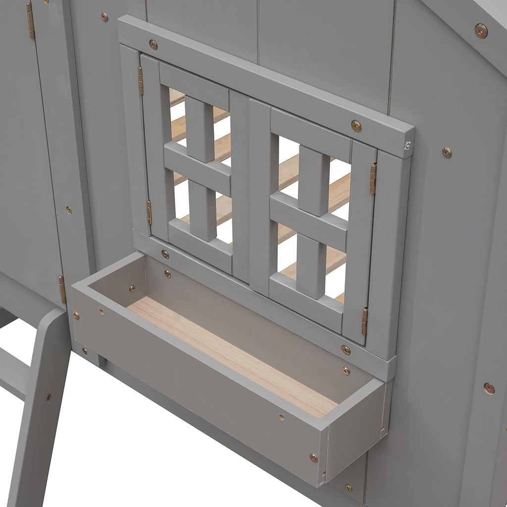 Polibi House Bunk Bed, Twin Over Twin with Roof, Window & Door, 2 Small Window Box Shelves,Safety Guardrails & Ladder, Low-Height Kids Playhouse Bed,Grey
