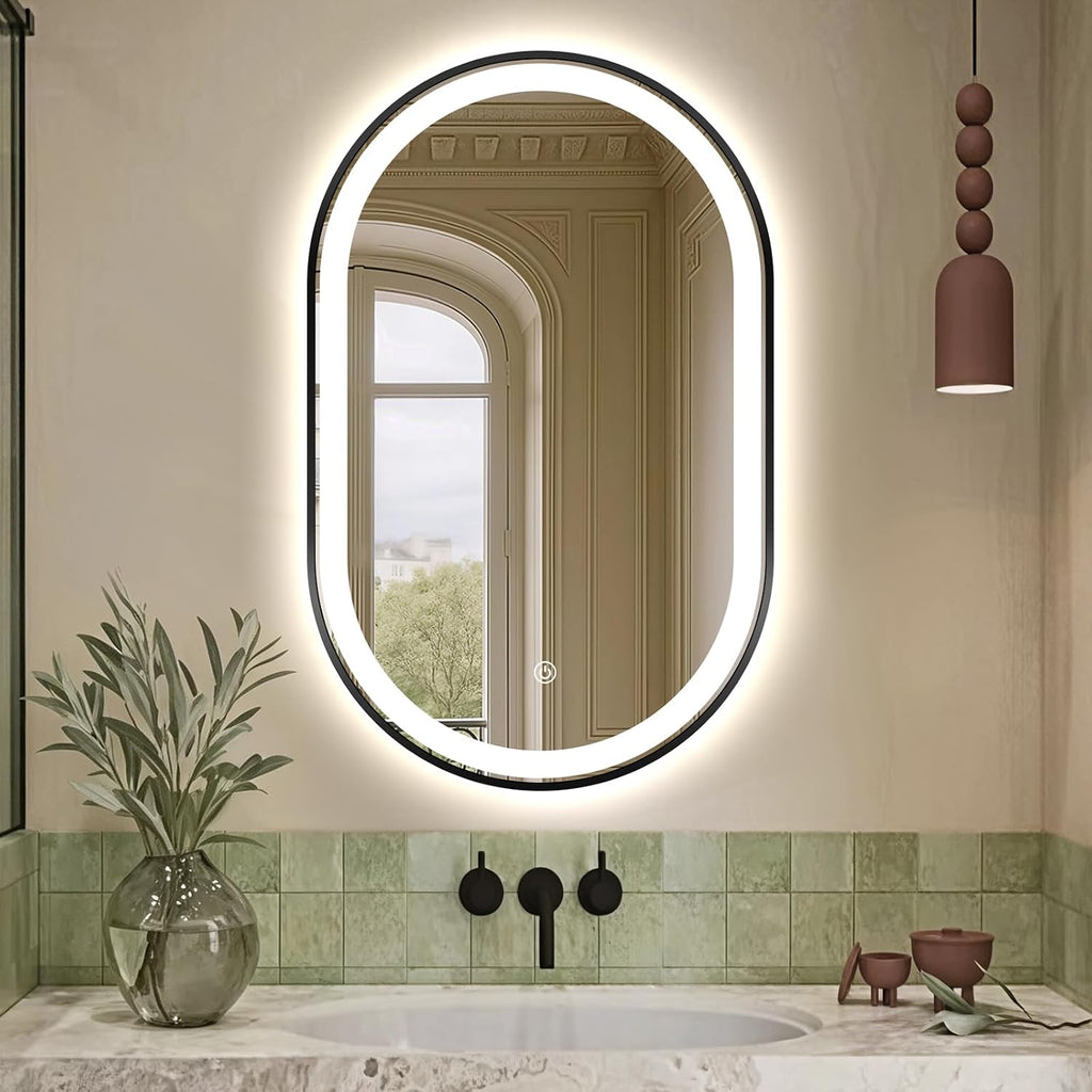 32'x20' Oval LED Bathroom Mirror with Lights, Black Anti Fog Lighted Vanity Mirror Wall Mounted, LED Oval Mirror with 3 Colors, Memory, ShatterProof, Front/Backlit, Horizontal/Vertical